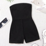 Tween Girls' Knitted Letter Pattern Strapless Casual Jumpsuit Shorts
