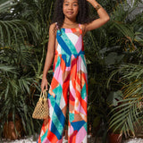 Tween Girls' Casual Geometric Patterned Jumpsuit With Suspenders For Everyday Wear Or Home