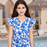 Tween Girls' Cute Floral Print Jumpsuit With Short Sleeves, V-Neckline And Elastic Waist Band