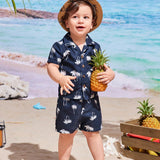 Tropical Plant Printed Short Sleeve Shirt And Shorts Set For Baby Boy's Casual Vacation Style