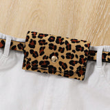 Overol Blanco De Mezclilla Con Falda Y Bolsa De Cintura Con Estampado De Leopardo Para Chica Joven Para Uso Casual