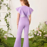 Tween Girls' Elegant & Round Neck Mesh Decorated Jumpsuit With Ruffle Hem And Flare Pants