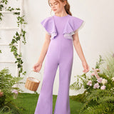 Tween Girls' Elegant & Round Neck Mesh Decorated Jumpsuit With Ruffle Hem And Flare Pants