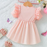 Vestido De Punto Rosa De Manga Corta Con Dobladillo Con Volantes Para Nina, Lindo Y Elegante Para Ropa De Uso Casual Diario De Primavera/verano