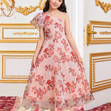 Vestido Midi Lindo De Hombro Oblicuo Y Estampado Floral Para Ninas Jovenes