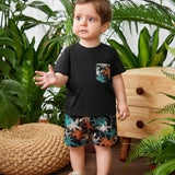 Conjunto De Camiseta De Manga Corta Con Bolsillo Y Shorts Casuales Impresos Con Palmeras Para Bebes Nino