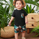 Conjunto De Camiseta De Manga Corta Con Bolsillo Y Shorts Casuales Impresos Con Palmeras Para Bebes Nino