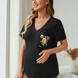 Camiseta De Maternidad Con Estampado Floral Y Manga Corta, Cuello En V, Estilo Casual De Verano