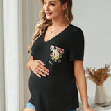 Camiseta De Maternidad Con Estampado Floral Y Manga Corta, Cuello En V, Estilo Casual De Verano