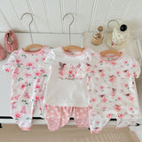 Conjunto De Pijama De Primavera De Punto Con Ajuste Cenido Para Bebe Nina, Con Estampado Floral Y De Dibujos Animados, 6 Piezas