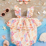 NEW Baby Girl's Sweet & Elegant Seashell Print Headband & Flutter Sleeve Romper For Summer