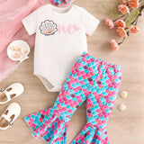 Conjunto De Pantalones Acampanados Con Estampado De Conchas Y Letras Para Bebe Nina