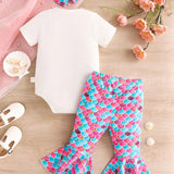 Conjunto De Pantalones Acampanados Con Estampado De Conchas Y Letras Para Bebe Nina