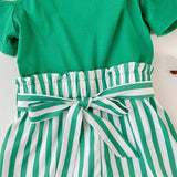 Tween Girls' Striped Patchwork Off Shoulder Jumpsuit With Shorts For Spring And Summer Vacation
