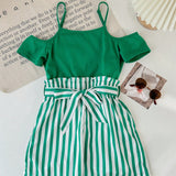 Tween Girls' Striped Patchwork Off Shoulder Jumpsuit With Shorts For Spring And Summer Vacation