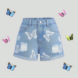 Shorts De Mezclilla Desgastados Con Dobladillo Enrollado Y Estampado De Mariposas Boho Para Ninas Adolescentes, Atuendos De Verano Para Ninas