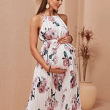 Vestido De Maternidad De Cuello Halter Con Estampado Floral Casual De Ciudad, Diseno De Dobladillo Plisado