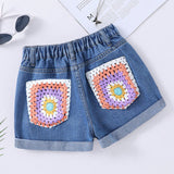 Shorts De Mezclilla Con Cintura Elastica Y Apliques De Flores De Ganchillo Para Ninas Preadolescentes