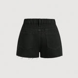 Shorts De Mezclilla Negro Para Ninas Adolescentes Sueltos, Comodos, De Moda Y De Estilo Simple, Shorts De Mezclilla Boho De Primavera Verano