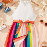 Tween Girl's Halter Collar Colorblock Striped Jumpsuit With Button Detail