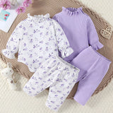 Conjunto De Ropa Informal Para Bebe Nina, Compuesto Por Un Body De Manga Larga Y Pantalones Largos Acanalados En Color Purpura Liso Con Un Conjunto Adicional De Manga Larga Y Pantalones Largos Con Estampado De Flores Purpuras