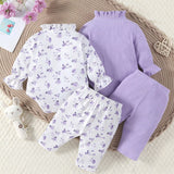 Conjunto De Ropa Informal Para Bebe Nina, Compuesto Por Un Body De Manga Larga Y Pantalones Largos Acanalados En Color Purpura Liso Con Un Conjunto Adicional De Manga Larga Y Pantalones Largos Con Estampado De Flores Purpuras