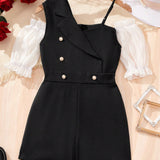 Tween Girls' Elegant Style Off-Shoulder Bubble Sleeve Jumpsuit With Double-Breasted Decoration And Shorts