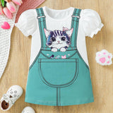 1 Pieza Vestido De Tirantes Con Impresion De Dibujos Animados De Gato Para Bebe Ninas, Estilo Casual Del Verano