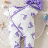 Mono De Manga Corta Y Cabeza Con Estampado De Ballena Lindo Morado Para Bebe Nina Con Banda Para Cabeza, Conjunto Para Casa