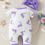 Mono De Manga Corta Y Cabeza Con Estampado De Ballena Lindo Morado Para Bebe Nina Con Banda Para Cabeza, Conjunto Para Casa