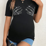 Camiseta De Maternidad De Manga Corta Con Estampado De Calavera Y Mano Con Diamantes De Imitacion