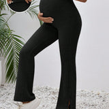 Pantalones Acampanados De Maternidad Con Cintura Ajustable Y Dobladillo Rajado