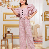 Tween Girls' Square Neck All Over Print Jumpsuit With Ruffle Hem For Casual Wear