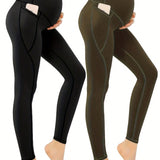 2 Piezas Leggings De Maternidad Solidos Para Mujeres, Pantalones Ajustados Y Elasticos