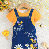 Vestido dulce de verano para bebe nina de manga corta con estampado lindo de abeja y falso dos piezas