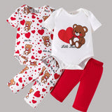 Conjunto De Pijama De 2 Piezas De Verano Para Bebe Nina De Casa Con Pantalon Y Enterizo Con Diseno De Triangulo, Corazon Y Osito