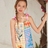 Tween Girls' Casual Vintage Floral & Plaid Print Overall Pants, Perfect For Countryside Walks