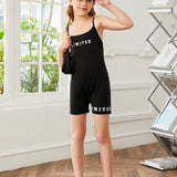 Tween Girl Knitted Solid Color Letter Patterned Cami Romper For Leisure Time