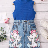 Conjunto de top de tanque de cuello alto en unicolor y falda con estampado de unicornio para nina preadolescente para primavera/verano