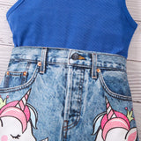 Conjunto de top de tanque de cuello alto en unicolor y falda con estampado de unicornio para nina preadolescente para primavera/verano