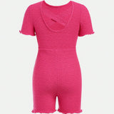 Tween Girls' Sporty And Sweet Knitted Solid Color Short Sleeve Romper With Round Neckline For Spring/Summer