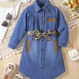 Young Girls' Lapel Collar Denim Dress With Front Buttons