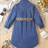 Young Girls' Lapel Collar Denim Dress With Front Buttons