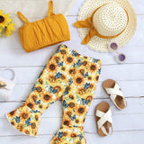 Conjunto De 3 Piezas Para Nina Bebe Casual Y Elegante Para Fiestas De Vacaciones Con Tirantes De Mariposa Y Lazo, Pantalones Acampanados Con Impresion De Girasol Y Mariposa, Con Gorro, Adecuado Para Salidas De Primavera/verano