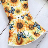 Conjunto De 3 Piezas Para Nina Bebe Casual Y Elegante Para Fiestas De Vacaciones Con Tirantes De Mariposa Y Lazo, Pantalones Acampanados Con Impresion De Girasol Y Mariposa, Con Gorro, Adecuado Para Salidas De Primavera/verano