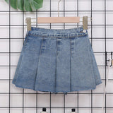 Skort De Denim Estilo Academia Casual Para Ninas Preadolescentes Con Cintura Elastica Comoda, Diseno Lavado Con Agua Azul Y Plisado