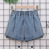 Skort De Denim Estilo Academia Casual Para Ninas Preadolescentes Con Cintura Elastica Comoda, Diseno Lavado Con Agua Azul Y Plisado