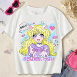 Camiseta de manga corta informal con patron de dibujos animados para nina preadolescente, adecuada para el verano