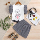 Conjunto de verano informal para nina preadolescente con camiseta de manga globo de parche de dibujos animados y estampado escoces, y falda de cuadros