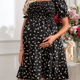 Vestido Casual De Maternidad Con Cuello Cuadrado, Mangas Abullonadas Y Estampado Floral